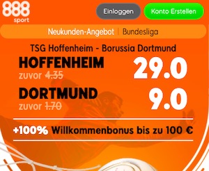 888sport erhöhte Quoten zu Hoffenheim gegen Dortmund