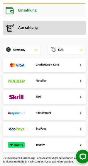 Betgold Einzahlungsmethoden