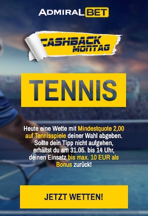 Tennis Cashback am Montag bei Admiralbet