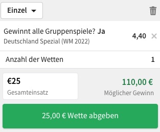 WM Gruppenspiele Deutschland gewinnt alle - Quote bei Tipico