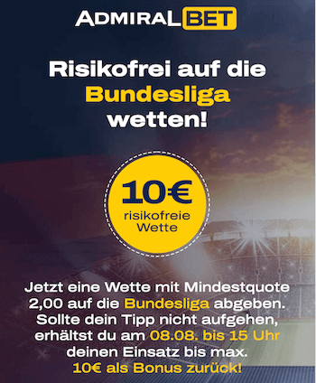 Admiralbet startet eine Sonderaktion mit der ihr risikofrei 10 € wetten könnt.