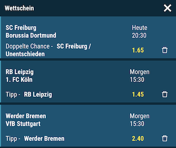 Ein möglicher Wettschein um die Aktion von Sportwetten.de zu nutzen.