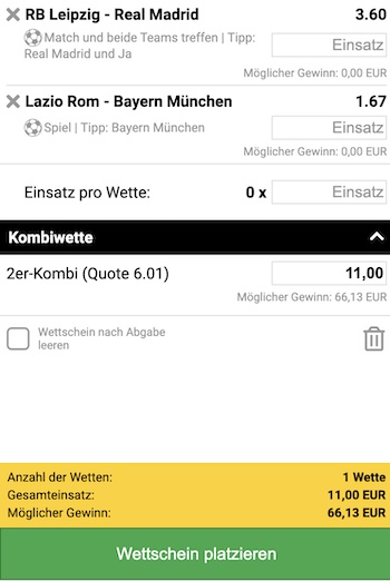 Interwetten Champions League Wettschein